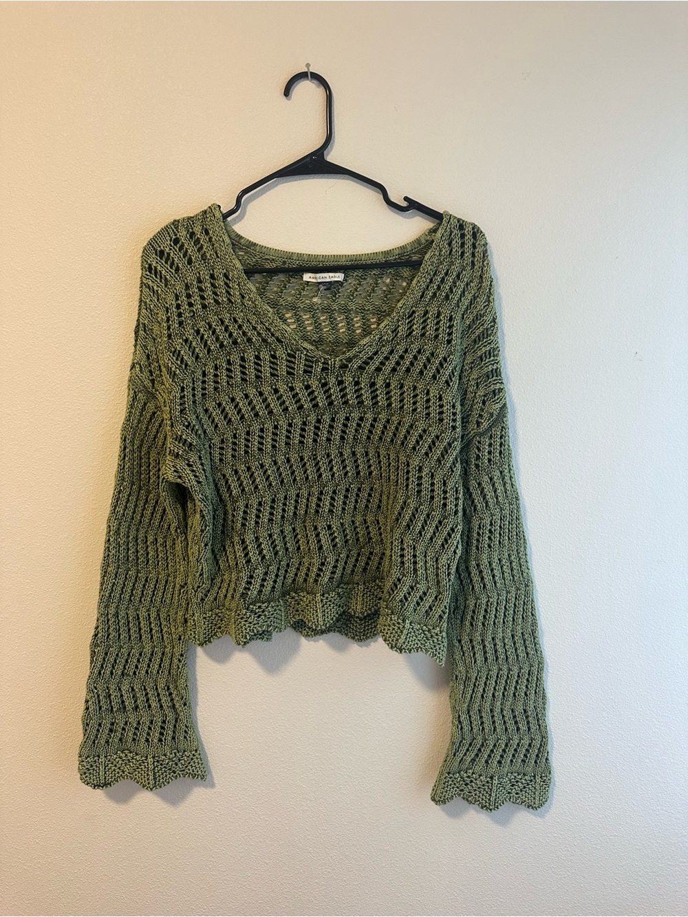 American Eagle Women's Olive Open-Knit V-Neck Sweater